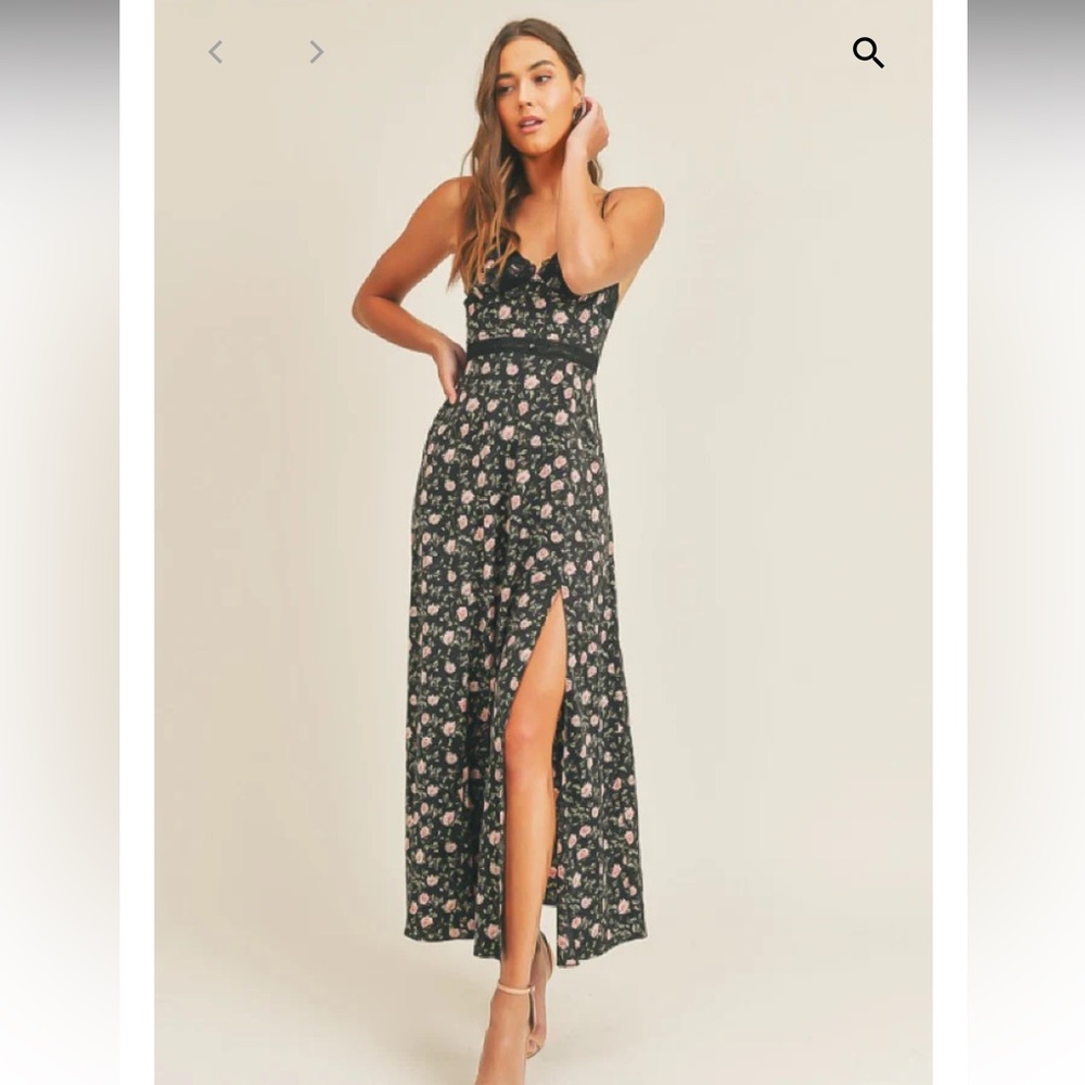 Lush Black Maxi Dress with Pink Floral Design